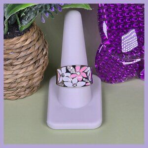 Silvery Pink & White Enamel Floral Ring With Sparkling CZ Size 10‎
